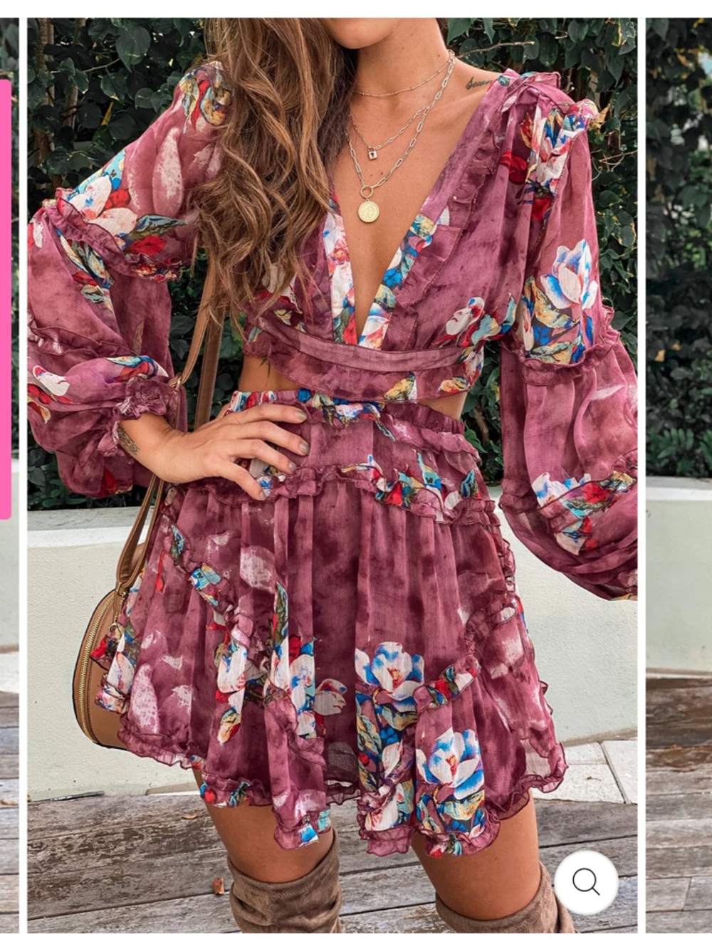 Luxxel Plum Sheer Floral Blouse MAROON FLORAL STRAPPY BACK SHORT DRESS L